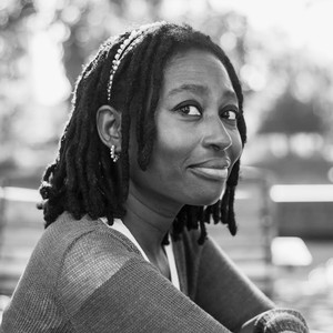 Black and white photo of Helen Oyeyemi