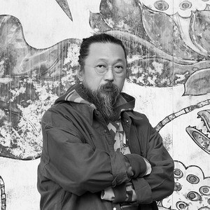 Black-and-white portrait of Takashi Murakami