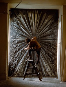<p>Jay DeFeo working on <em>The Rose</em> (then titled <em>Deathrose</em>; 1958–66) in her San Francisco studio, 1960. Photo: Burt Glinn © Burt Glinn/Magnum Photos, New York</p>