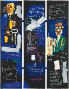 Jean-Michel Basquiat’s "Horn Players" 1983. A painting on three wood supports
