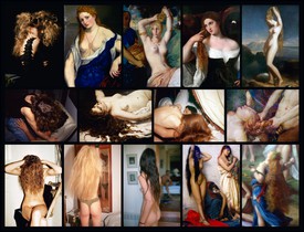 Collage of classical paintings and contemporary photographs of women with flowing hair