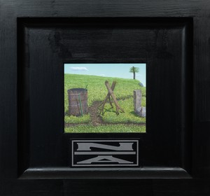 <p>Neil Jenney, <em>North America Divided</em>, 2001–06, oil on wood in artist’s frame, 26 ¼ × 28 ¼ × 2 ¾ inches (66.7 × 71.8 × 7 cm)</p>