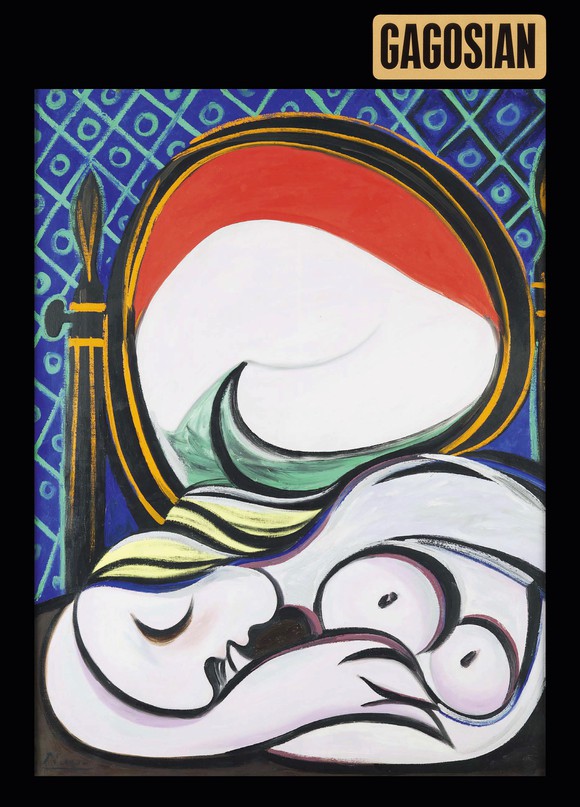 Pablo Picasso’s painting of a woman laying before a mirror against a blue patterned wall on the cover of Gagosian Quarterly. A gold and black “Gagosian” sticker sits at the top.