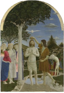 <p>Piero della Francesca, <em>The Baptism of Christ</em>, after 1437, egg on poplar, 65 ¾ × 45 ⅝ inches (167 × 116 cm), National Gallery, London. Photo: © National Gallery, London/Art Resource, New York</p>