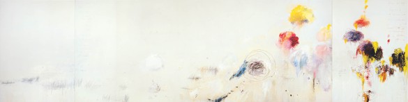 Cy Twombly, Untitled (Say Goodbye, Catullus, to the Shores of Asia Minor), 1994, oil, acrylic, oil stick, crayon, and graphite on canvas, 3 panels, 157 ½ × 624 inches (400.1 × 1,585 cm), The Menil Collection, Houston