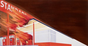 <p>Ed Ruscha, <em>Burning Gas Station</em>, 1965–66, oil on canvas, 20 ½ × 39 inches (52.1 × 99.1 cm) © Ed Ruscha</p>