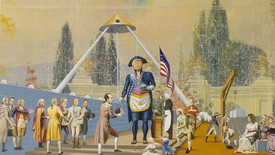 Jim Shaw, The Master Mason (2020) is a large acrylic work painted on a section of found muslin backdrop. Donald Trump is dressed as a founding father—namely George Washington—complete with tricorne hat and Masonic ritual apron, an emblem of innocence, righteousness, and proper conduct.