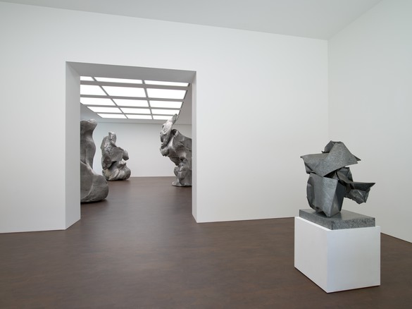 Installation view, Crushed, Cast, Constructed: Sculpture by John Chamberlain, Urs Fischer, and Charles Ray, Gagosian, Grosvenor Hill, London, June 15–July 31, 2020. Artwork, left to right: © Urs Fischer; © 2020 Fairweather &amp; Fairweather LTD/Artists Rights Society (ARS), New York