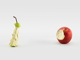 Urs Fischer, A–Z, 2019, a sculpture of a pear and an apple.