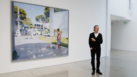 Jeff Wall at Gagosian, Beverly Hills, in front of his photography
