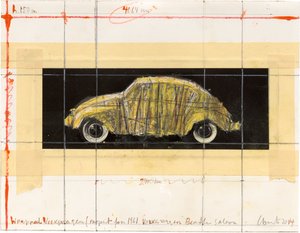 Collaged drawing of 1961 Volkswagen Beetle Saloon wrapped in fabric