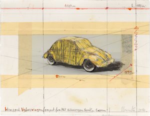 Collaged drawing of 1961 Volkswagen Beetle Saloon wrapped in fabric
