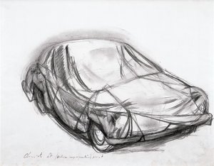 Charcoal drawing of a car wrapping in fabric