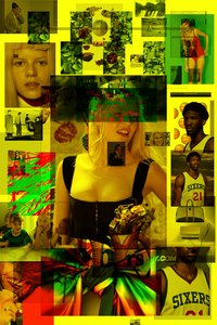 Collage of overlaid photographs of blond models, basketball players, children, and other things on a bright yellow background