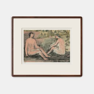 Naked man and woman sitting turned to one another on a hillside in landscape