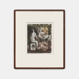 Naked man and woman sitting on sculptures in a landscape
