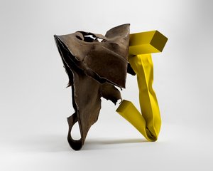 Abstract sculpture comprising a crumpled yellow stainless-steel tube and bent raw steel that has rough edges