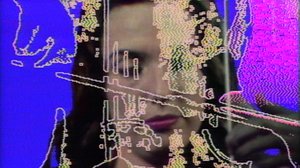Close-up of a woman’s face with her eyes closed combined with a blue, pink, and yellow digital drawing of a violin outline