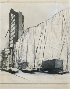 Drawing of a city street with one building wrapped in fabric