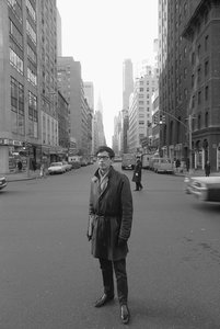 Christo standing on the corner of Lexington Avenue and East 57th Street in New York City