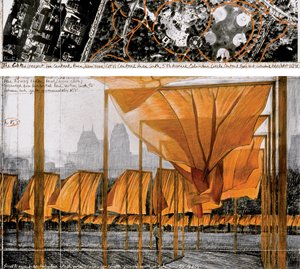 Drawing of saffron gates in Central Park and aerial map