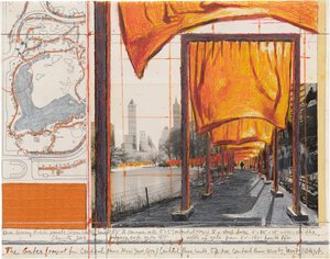 Drawing of saffron gates in Central Park and an aerial map