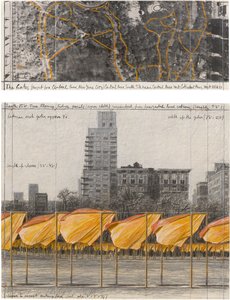 Drawing of saffron gates in Central Park and an aerial map