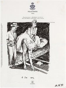 Drawing of a woman with her dress flying up and a man standing behind her on a sidewalk
