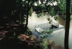 Rendering of a sculpture in a body of water with stairs going down