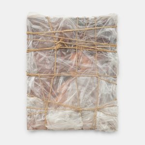 Painting wrapped in plastic with twine