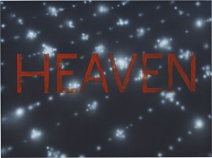 Capital red letters spelling Heaven over a dark blue star lit sky