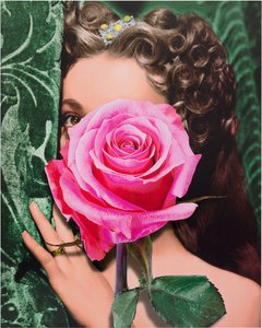 A photorealistic painting of a portrait of woman with her face obscured by a single bright pink rose against green velvet
