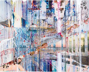 Painting incorporating multicolored paint drips and various collaged photographic elements, including images of landscapes, hands, and a match with fire