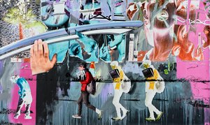 Collage-like painting of manipulated and layered imagery featuring women in mascara advertisements, people walking, palm trees, and safety cones