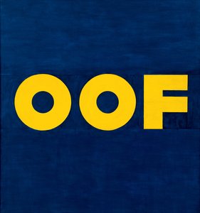 Dark blue canvas with bright yellow letters that say OOF